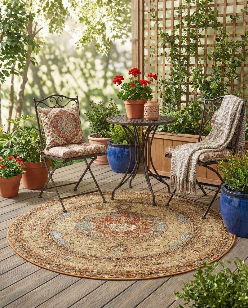 Patio Heritage Collection Area Rug -  Pergola Round Blue and Light Brown  lifestyle 79