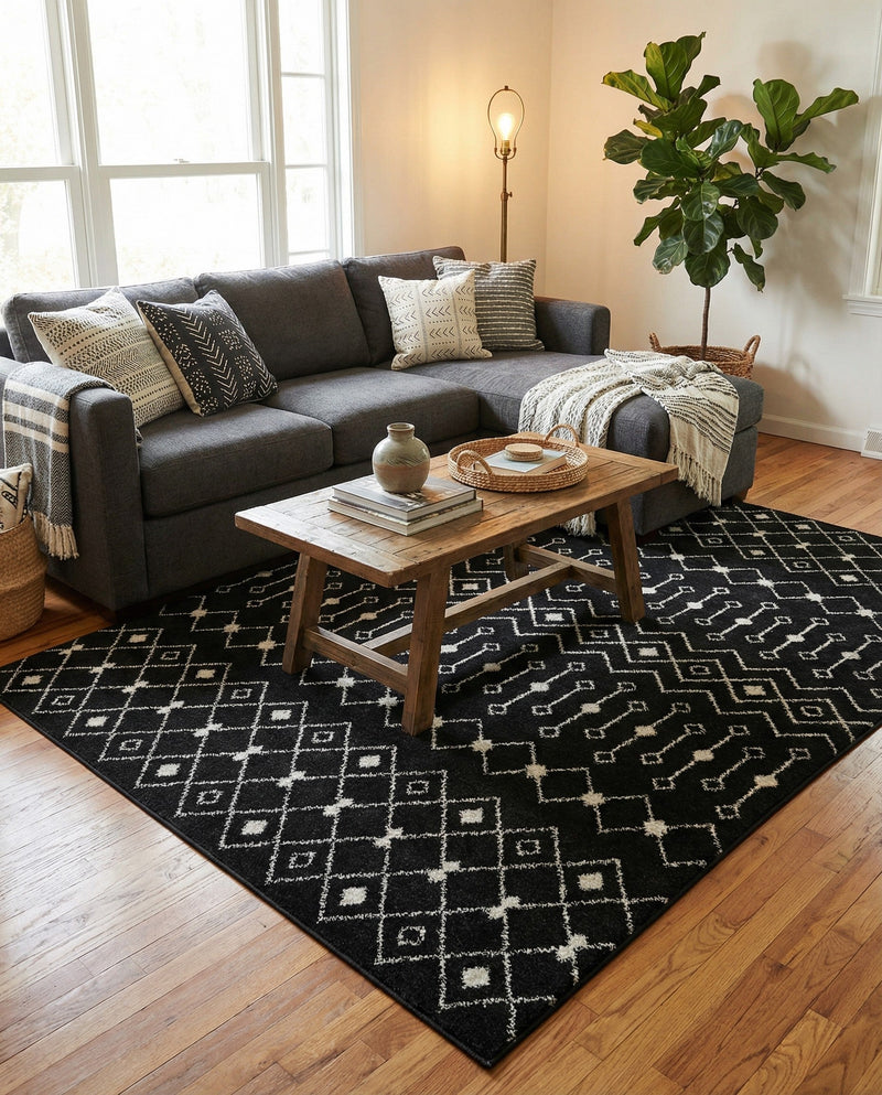 Mediterranean Lattice Collection Area Rug - Santorini (Black and White) Rectangle Black and White  lifestyle 8