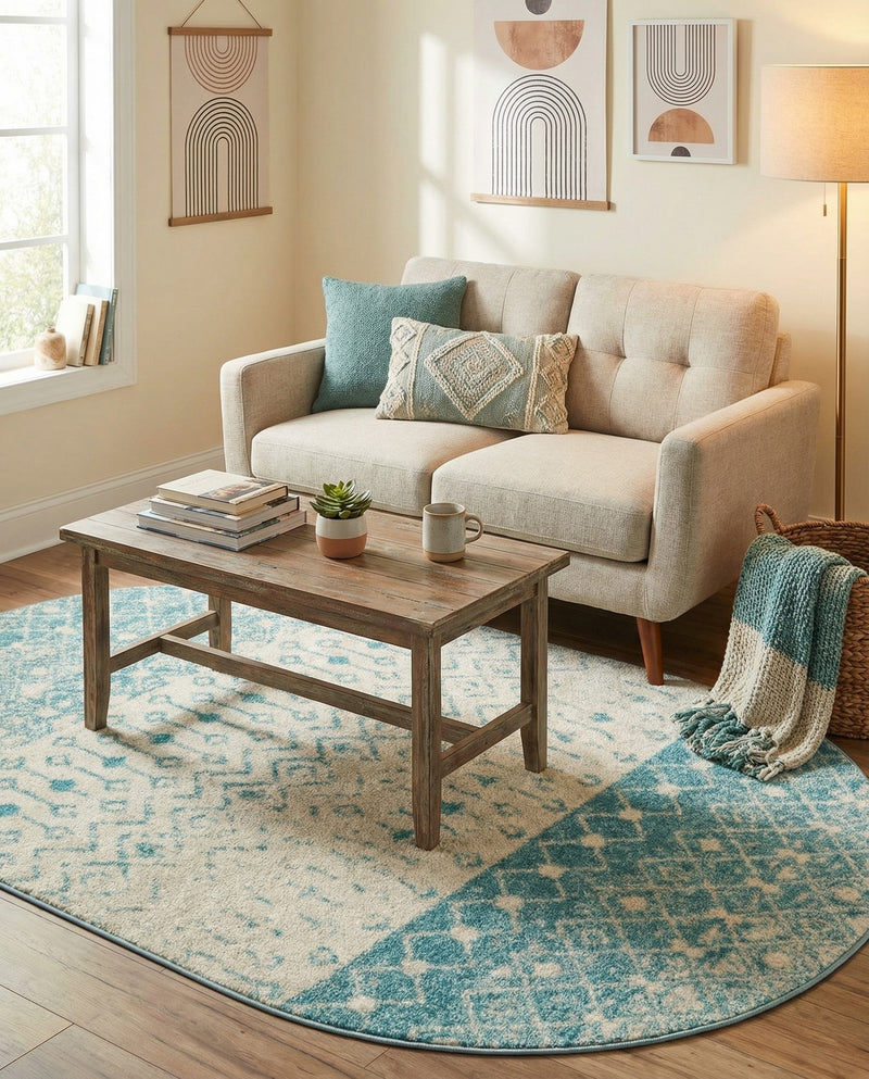Mediterranean Lattice Collection Area Rug -  Casablanca (Ivory Blue) Oval Ivory Blue  lifestyle 67