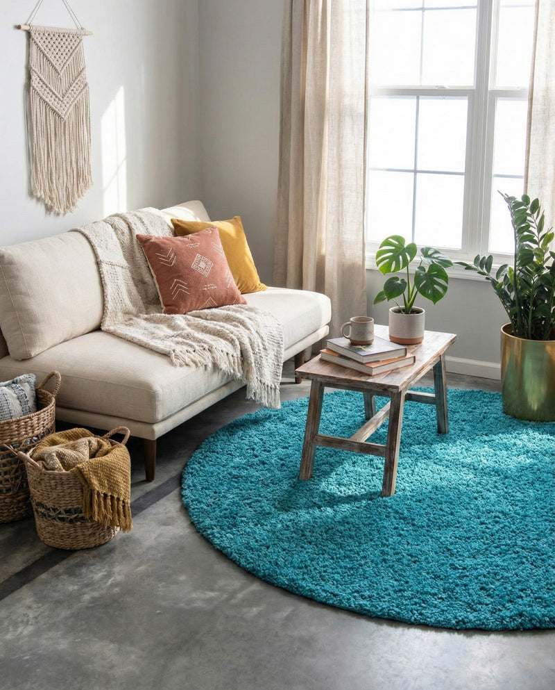 Plush Oasis Collection Area Rug - Serenity (Deep Aqua Blue) Round Deep Aqua Blue  lifestyle 41