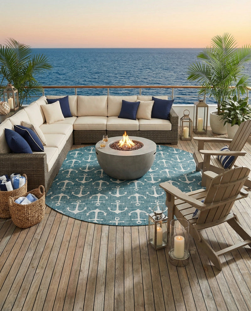 Seaside Haven Rugs Collection Area Rug - Sapphire (Teal) Round Teal  lifestyle 54