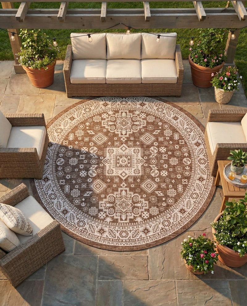 Tribal Terrace Treasures Collection Area Rug -  Incan Isle (Brown) Round Brown  lifestyle 80