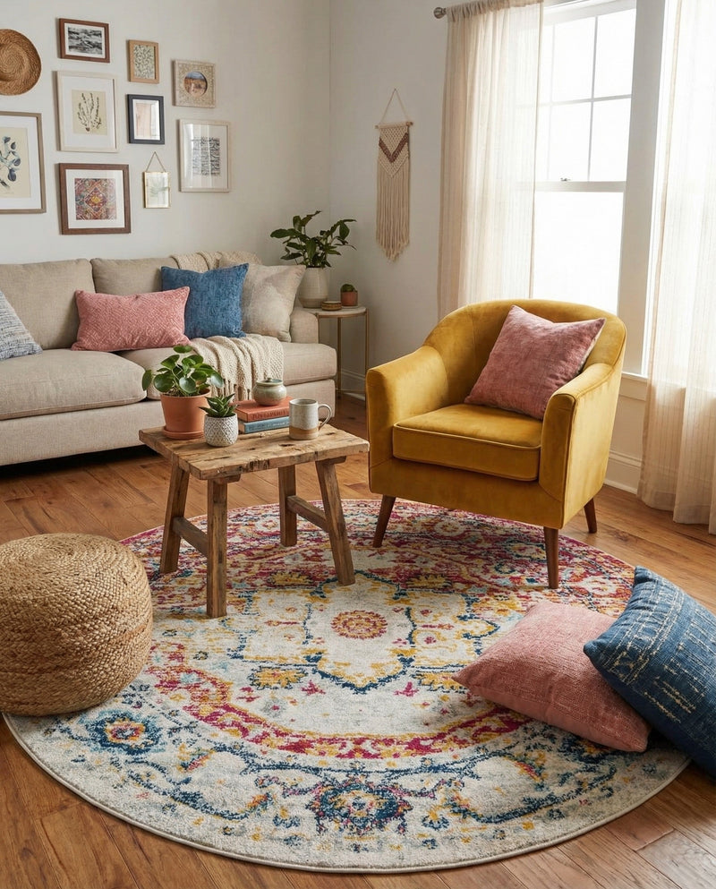 Parisian Elegance Collection Area Rug - Versailles (Pink Gray) Round Pink Gray  lifestyle 77
