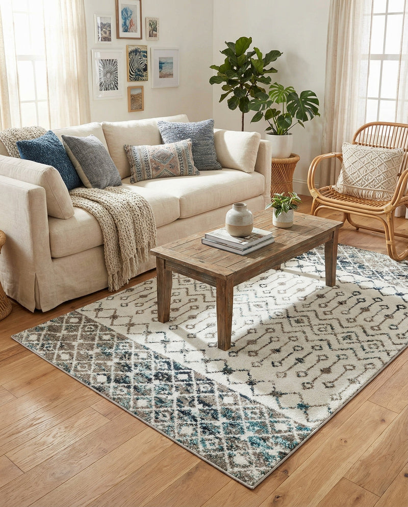 Mediterranean Lattice Collection Area Rug -  Casablanca (Ivory Gray Blue) Rectangle Ivory Gray Blue  lifestyle 8