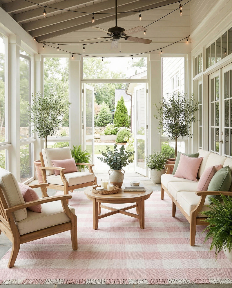 Sustainable Grid Indoor-Outdoor Oasis Collection Area Rug - Savannah Rectangle Pink  lifestyle 49
