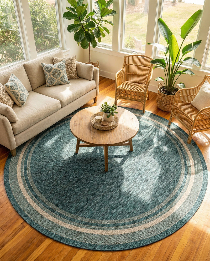 Terrace Fringe Collection Area Rug - Veranda (Teal) Round Teal  lifestyle 89