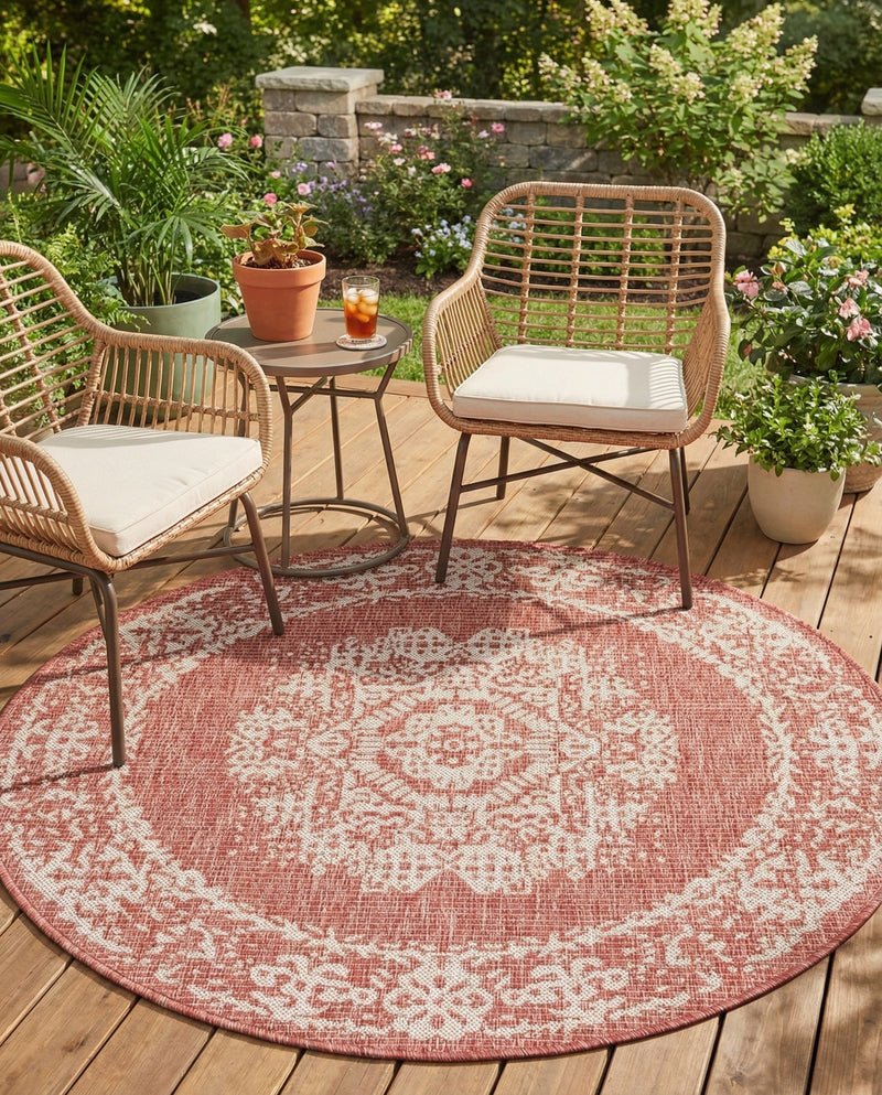 Patio Heritage Collection Area Rug - Savannah (Rust Red) Round Rust Red  lifestyle 50