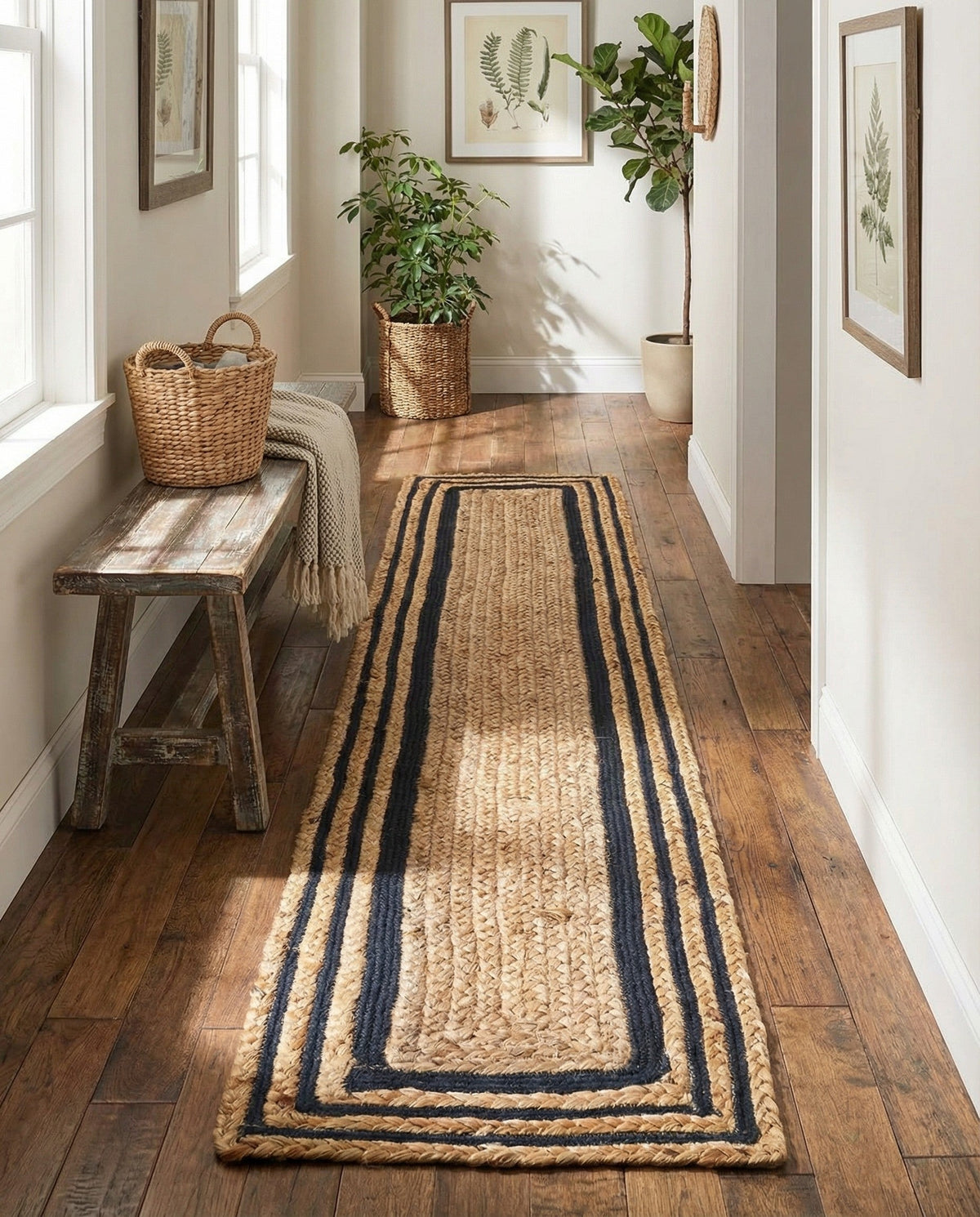 Woven Seaside Jute Collection Area Rug - Nantucket Table Runner Natural and Navy Blue  lifestyle 112