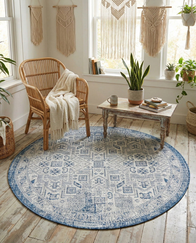 Tribal Terrace Treasures Collection Area Rug - Mayan Marina (Blue) Round Blue  lifestyle 78