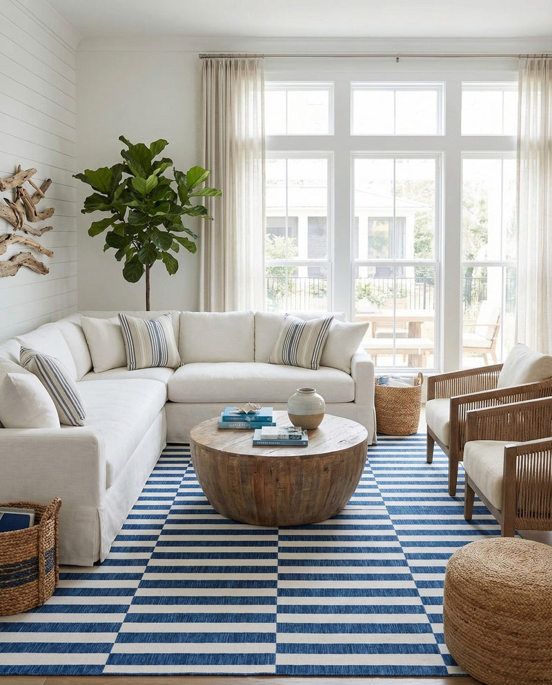 Seaside Stripes Collection Area Rug - Cabana (Blue) Rectangle Blue  lifestyle 10