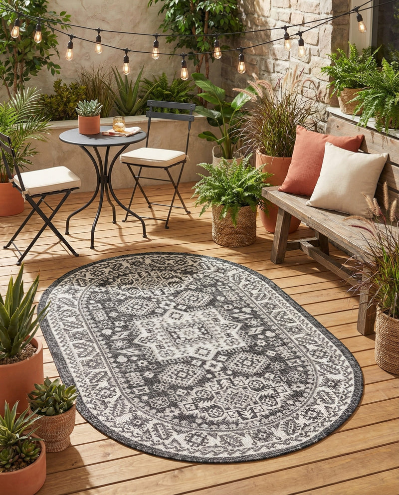 Tribal Terrace Treasures Collection Area Rug -  Incan Isle (Charcoal Gray) Oval Charcoal Gray  lifestyle 20