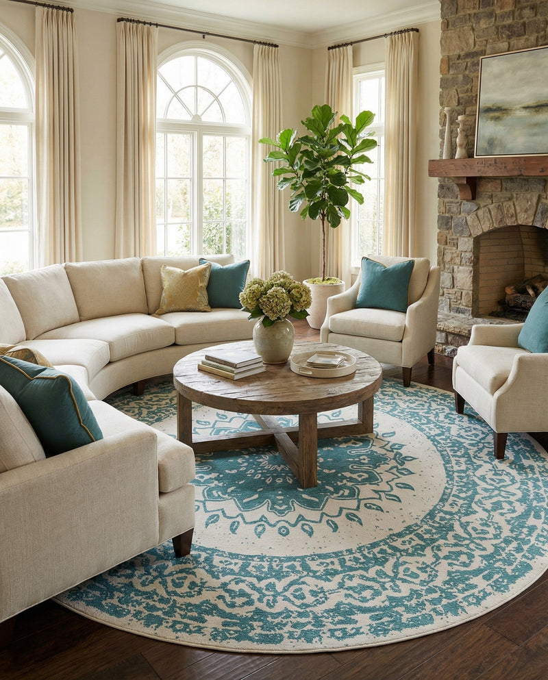 Patio Heritage Collection Area Rug -  Lafayette (Aqua) Round Aqua  lifestyle 17