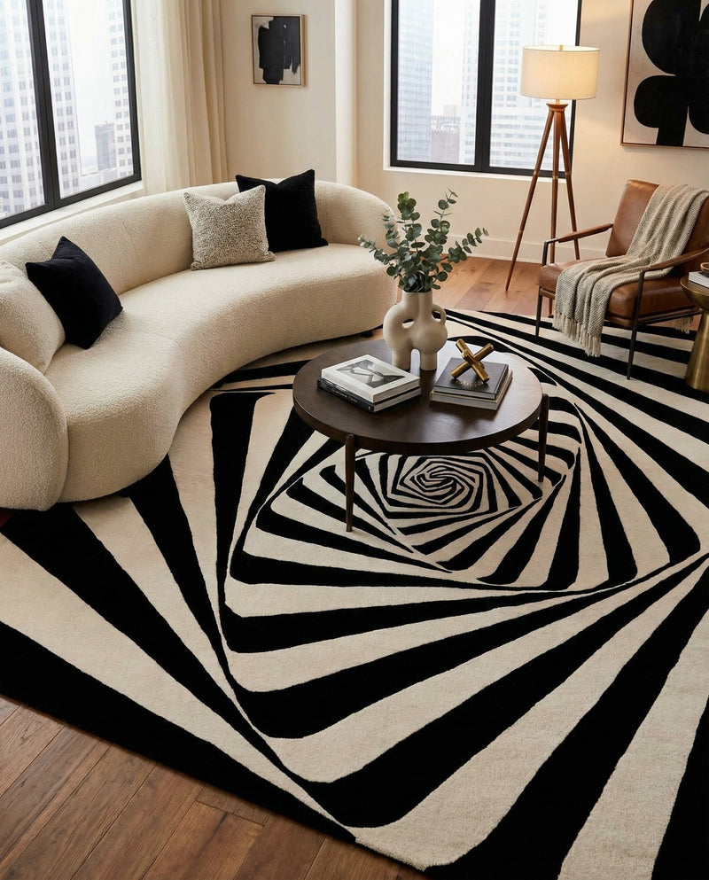 Cyclone Wool Collection Area Rug -  Twister Rectangle Black and White  lifestyle 8