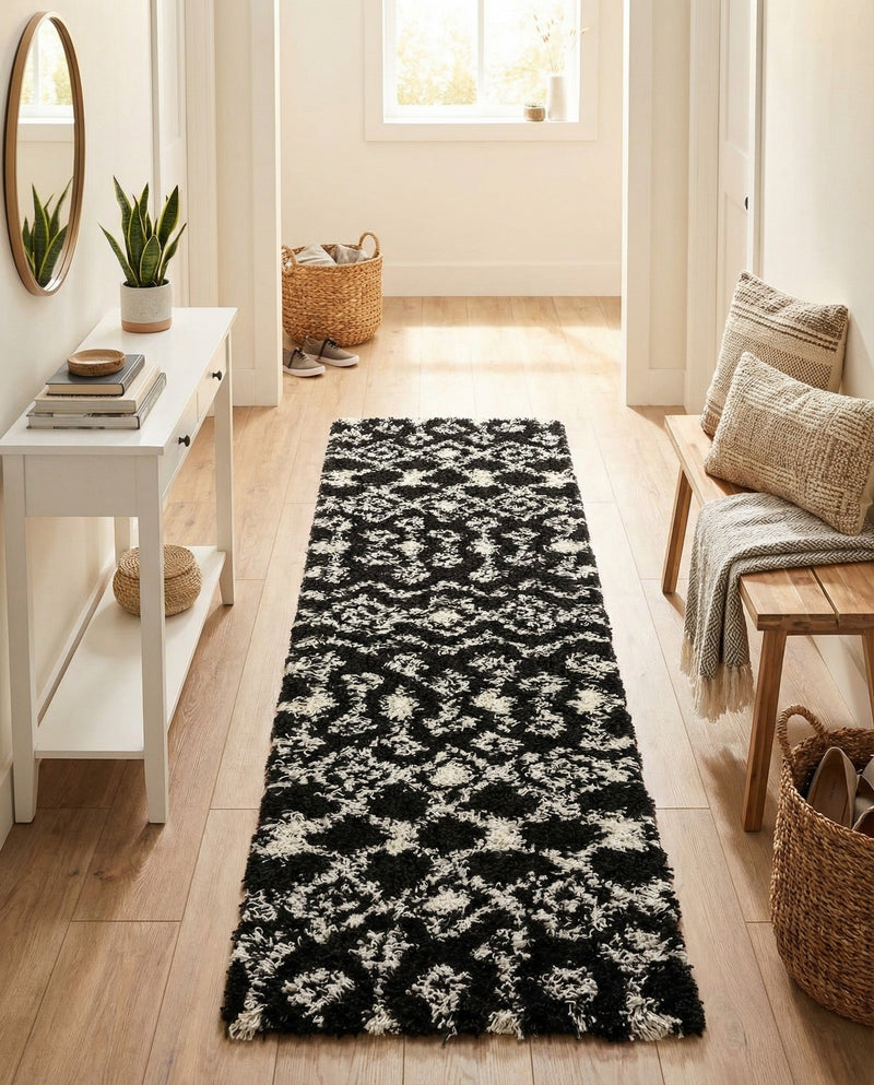 Berber Lattice Shag Collection Area Rug - Atlas (Black and White) Runner Black and White  lifestyle 24