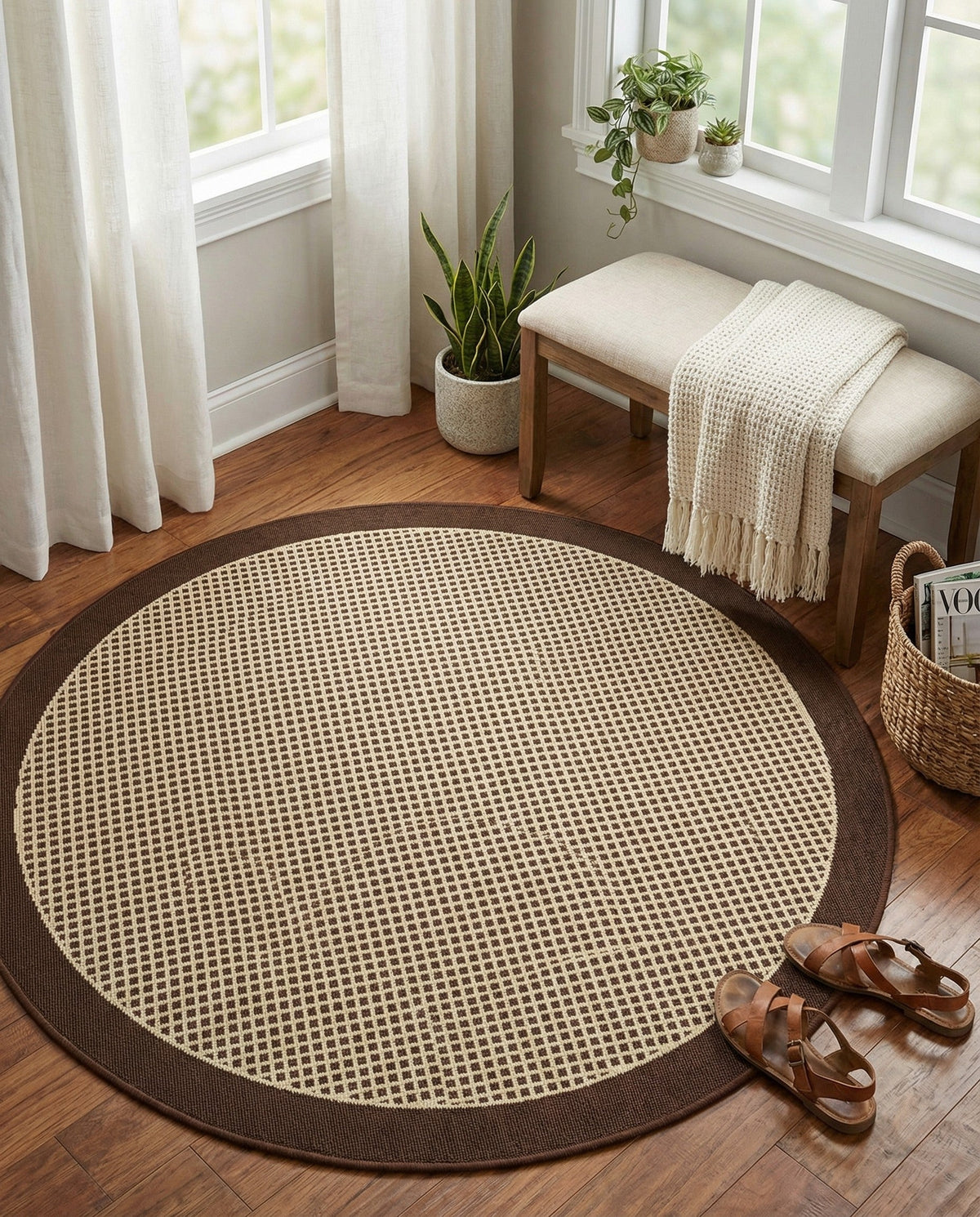 Terrace Fringe Collection Area Rug - Oceanside Round Brown  lifestyle 174