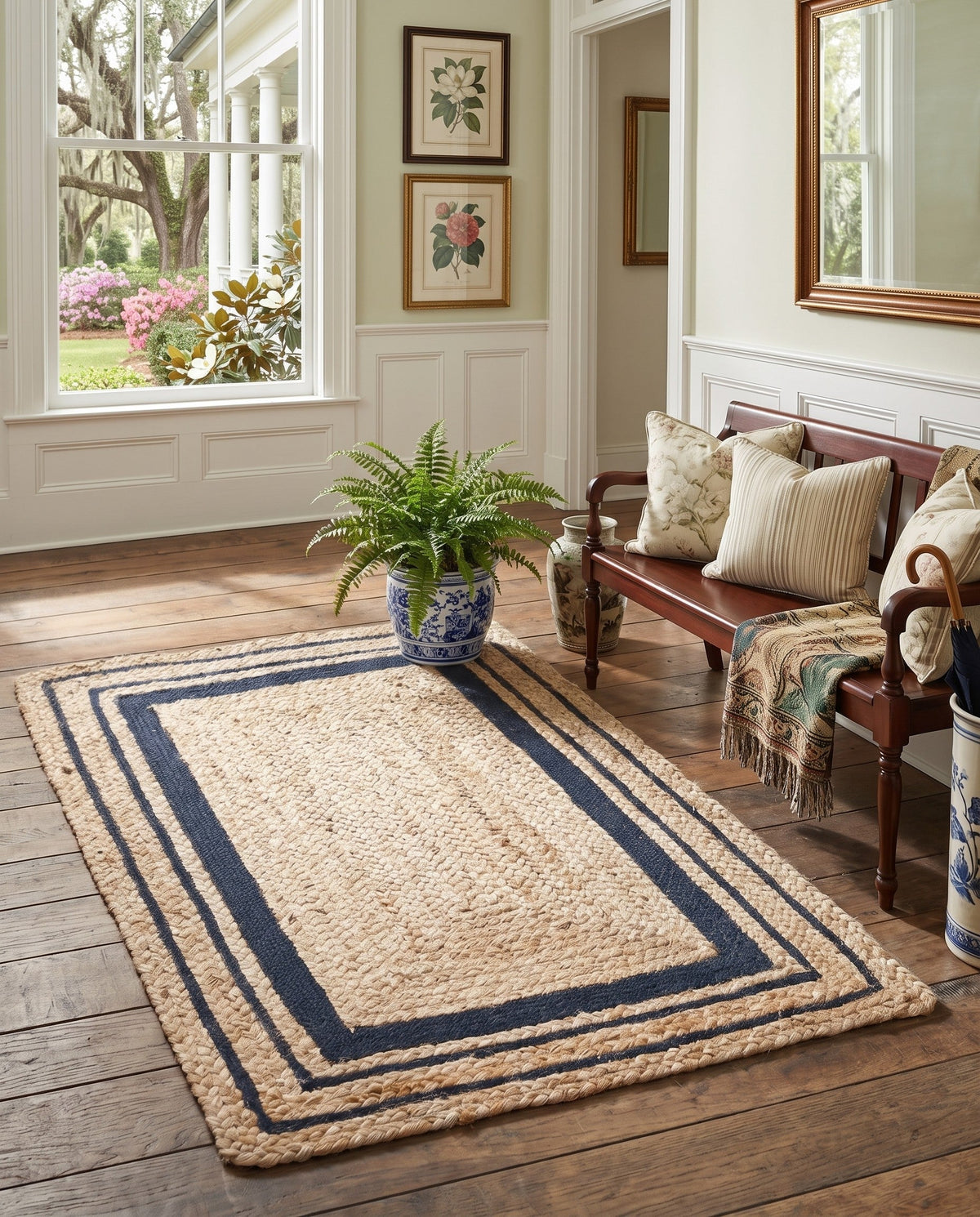 Woven Seaside Jute Collection Area Rug - Nantucket Rectangle Natural and Navy Blue  lifestyle 37