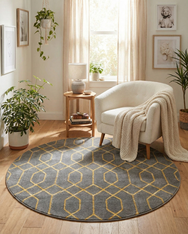 Hollywood Luxe Collection Area Rug - Sunset (Gray Gold) Round Gray Gold  lifestyle 49