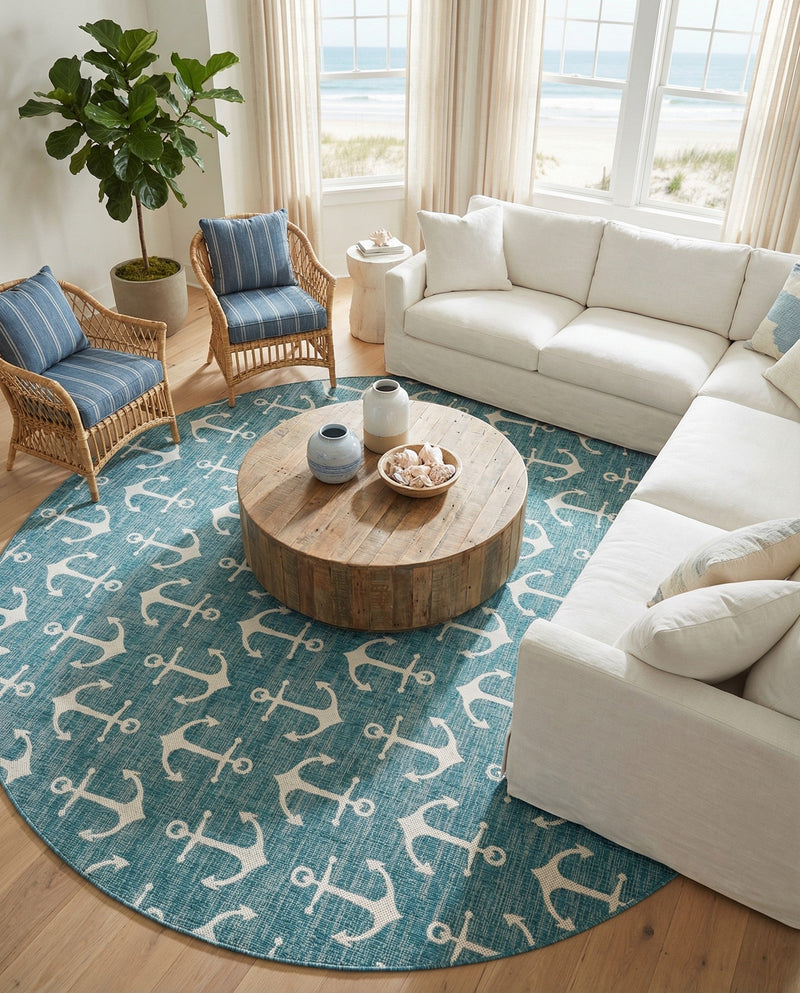 Seaside Haven Rugs Collection Area Rug - Sapphire (Teal) Round Teal  lifestyle 55