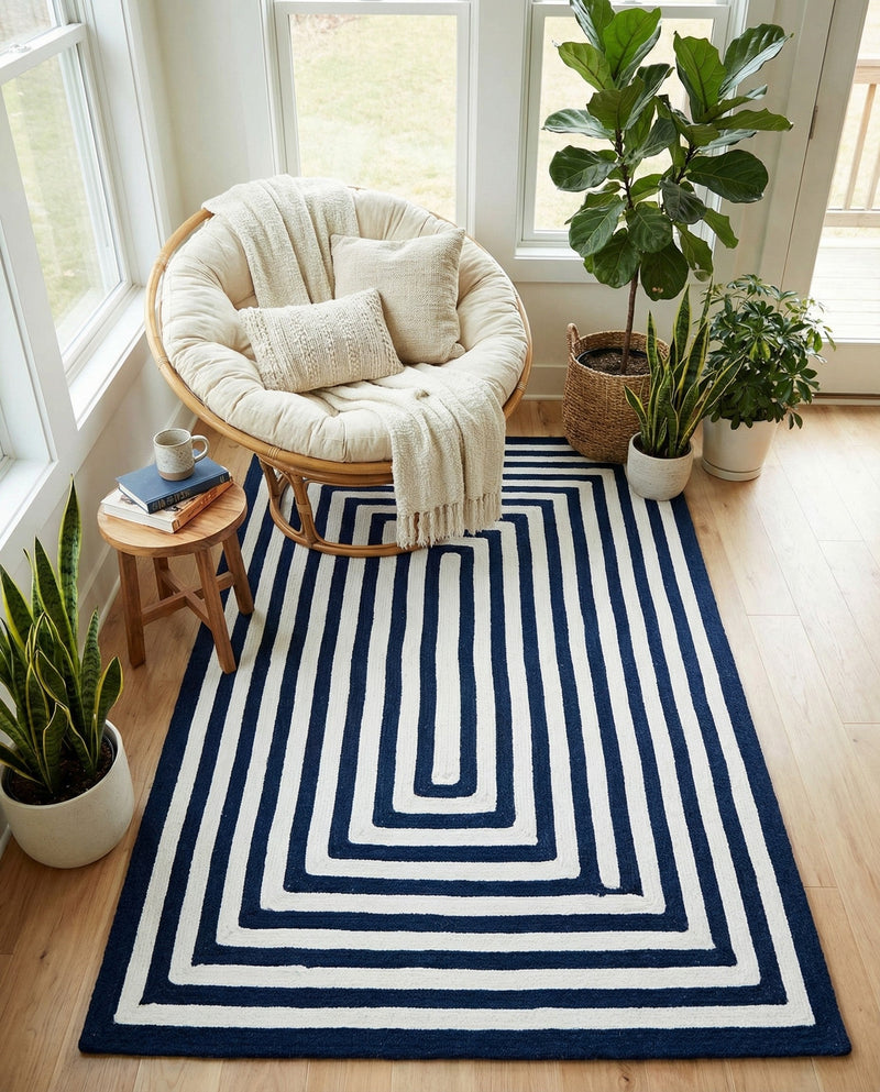 Sustainable Strands Indoor-Outdoor Oasis Collection Area Rug - Harborview Rectangle Navy Blue and White  lifestyle 22