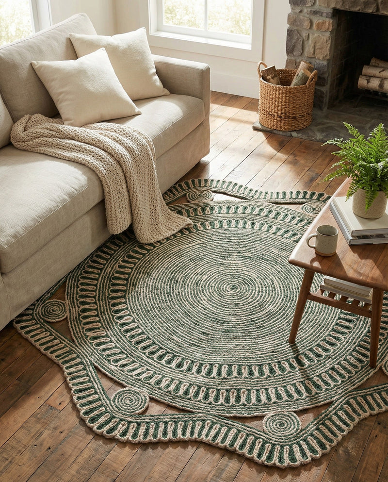 Woven Seaside Jute Collection Area Rug - Nantucket Round Green and White  lifestyle 18