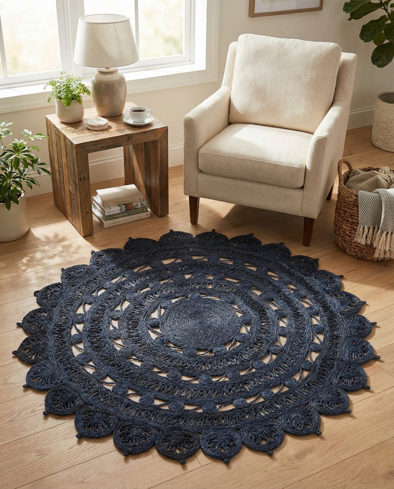 Woven Seaside Jute Collection Area Rug - Coastalhaven (Navy Blue) Round Navy Blue  lifestyle 11