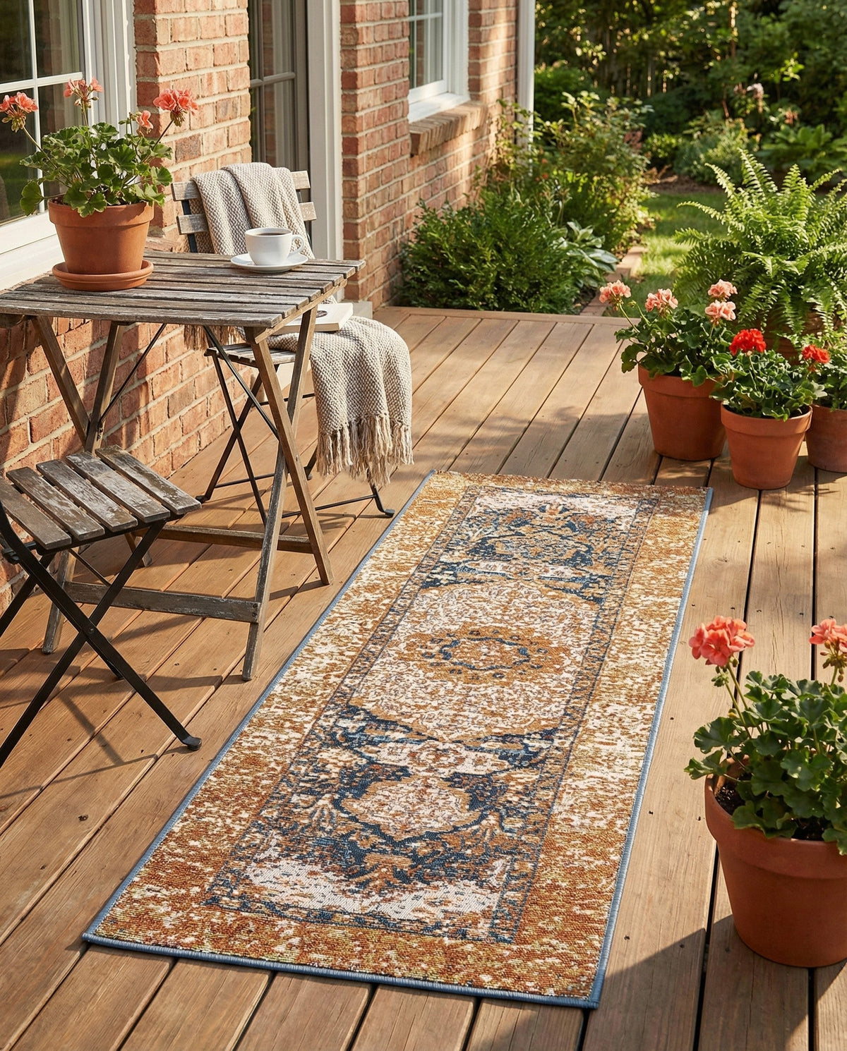 Patio Heritage Collection Area Rug -  Courtyard Runner Navy Blue and Light Pink  lifestyle 85