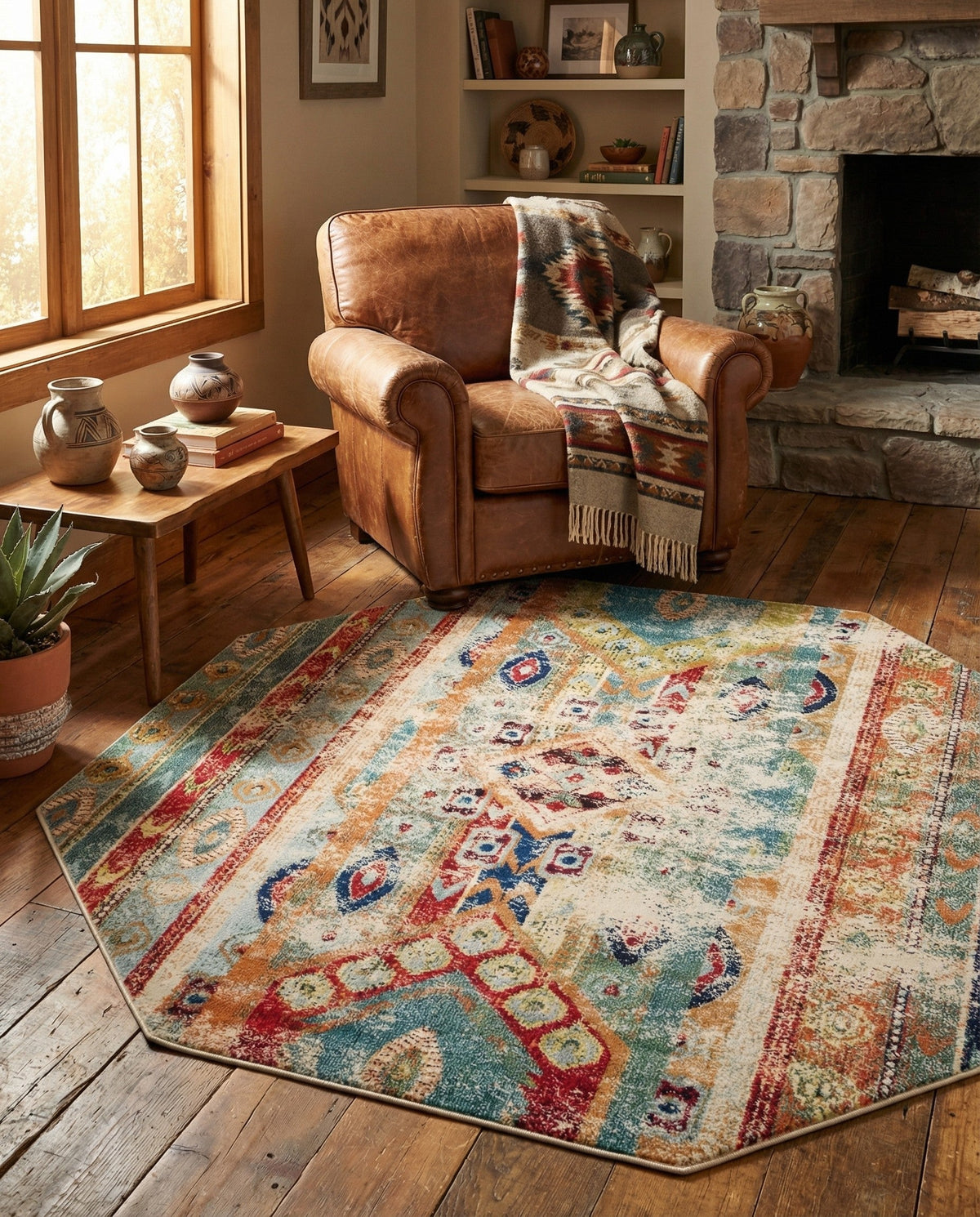 Sedona Vista Collection Area Rug -  Navajo Octagon Blue  lifestyle 100