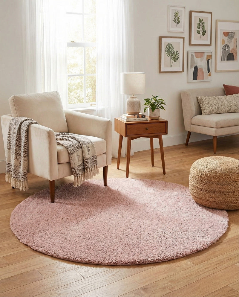 Solid Shag Seaside Collection Area Rug - Azure Cove (Pink) Round Pink  lifestyle 47