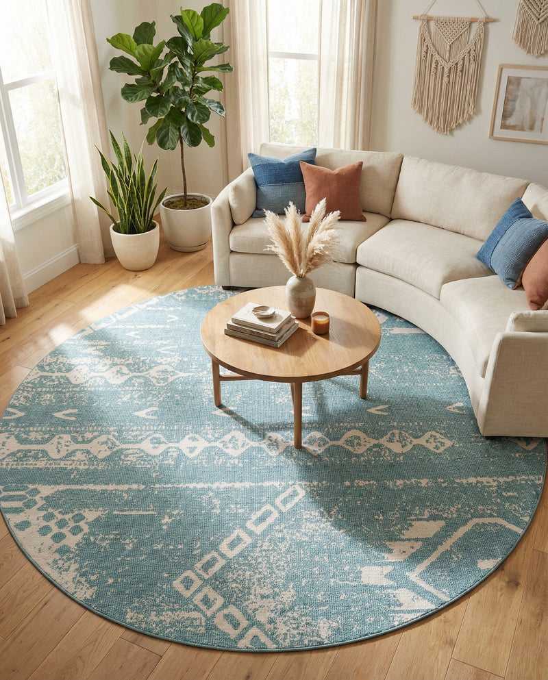 Desert Nomad Terrace Collection Area Rug - Sahara (Light Aqua) Round Light Aqua  lifestyle 22
