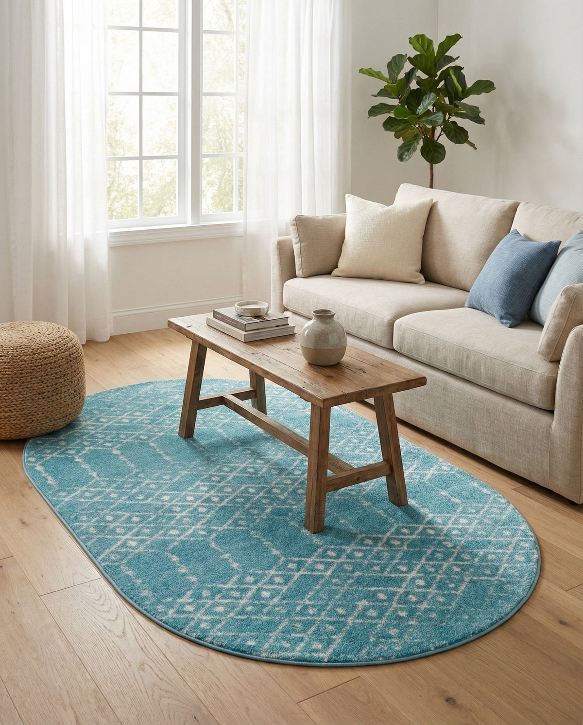 Marrakesh Lattice Collection Area Rug - Casablanca (Teal blue) Oval Teal blue  lifestyle 73