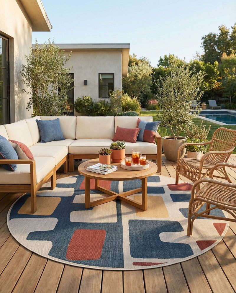 Coastal Terrace Collection Area Rug -  Sail Round Ivory and Blue  lifestyle 43