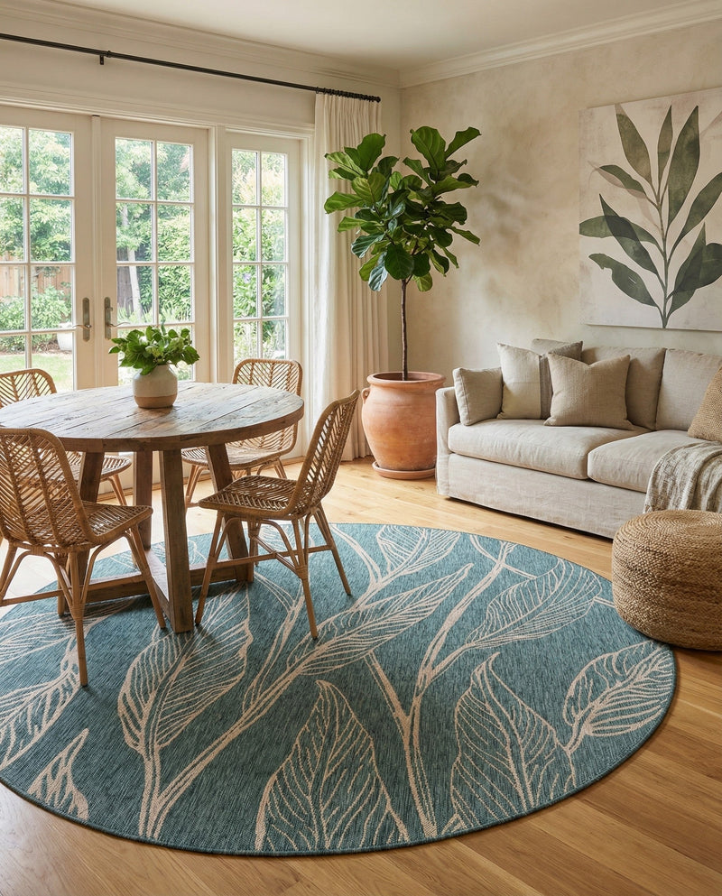 Seaside Blooms Collection Area Rug -  Evergreen (Teal) Round Teal  lifestyle 45