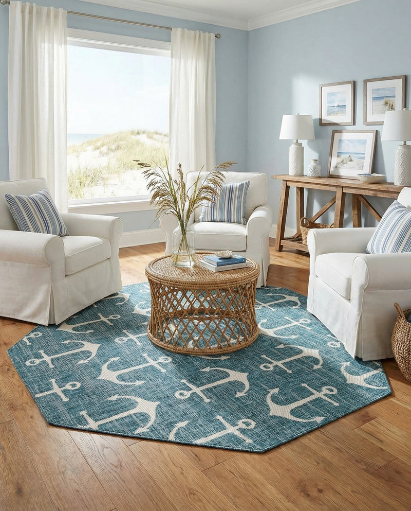 Seaside Haven Rugs Collection Area Rug - Sapphire (Teal) Octagon Teal  lifestyle 46