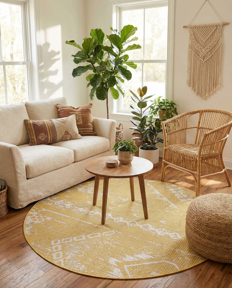 Desert Nomad Terrace Collection Area Rug - Sahara (Yellow) Round Yellow  lifestyle 29