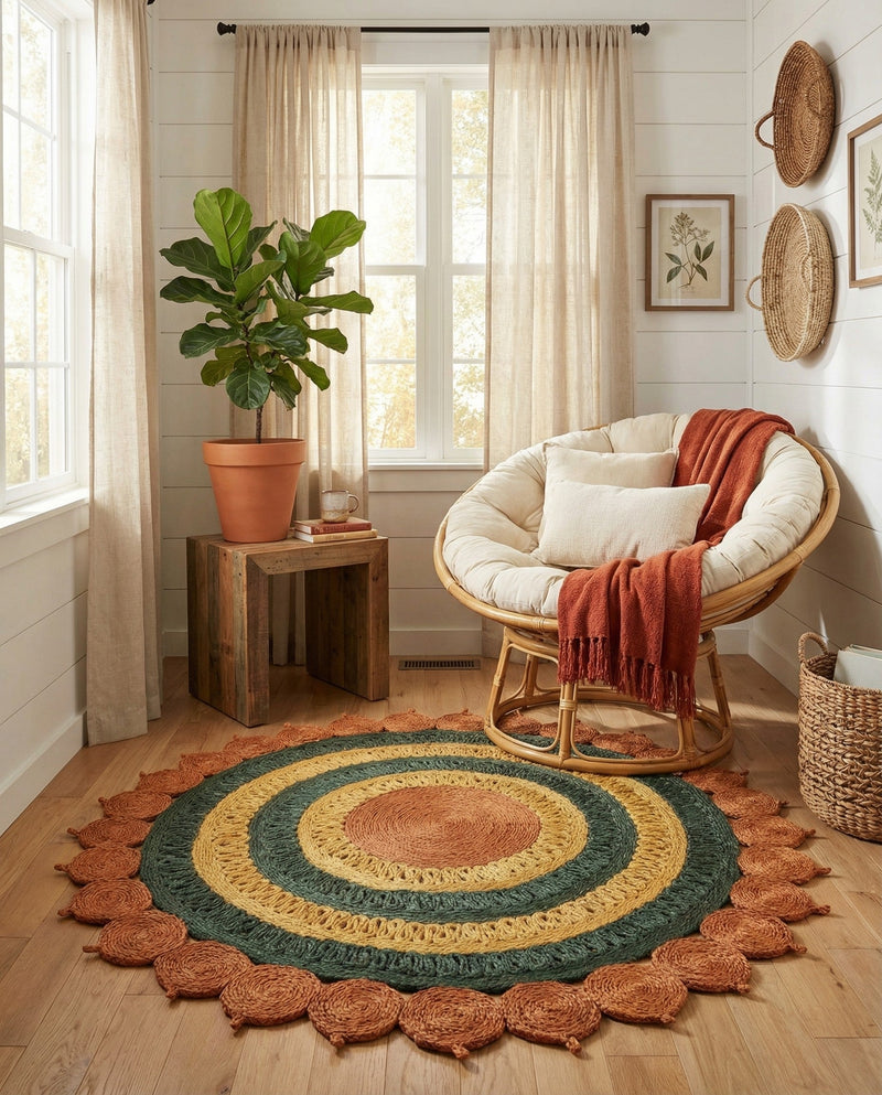 Woven Seaside Jute Collection Area Rug - Coastalhaven (Orange Green Yellow) Round Orange Green Yellow  lifestyle 10