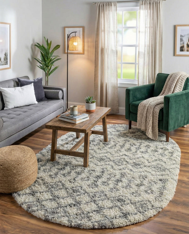 Berber Lattice Shag Collection Area Rug - Atlas (Ivory) Oval Ivory  lifestyle 26