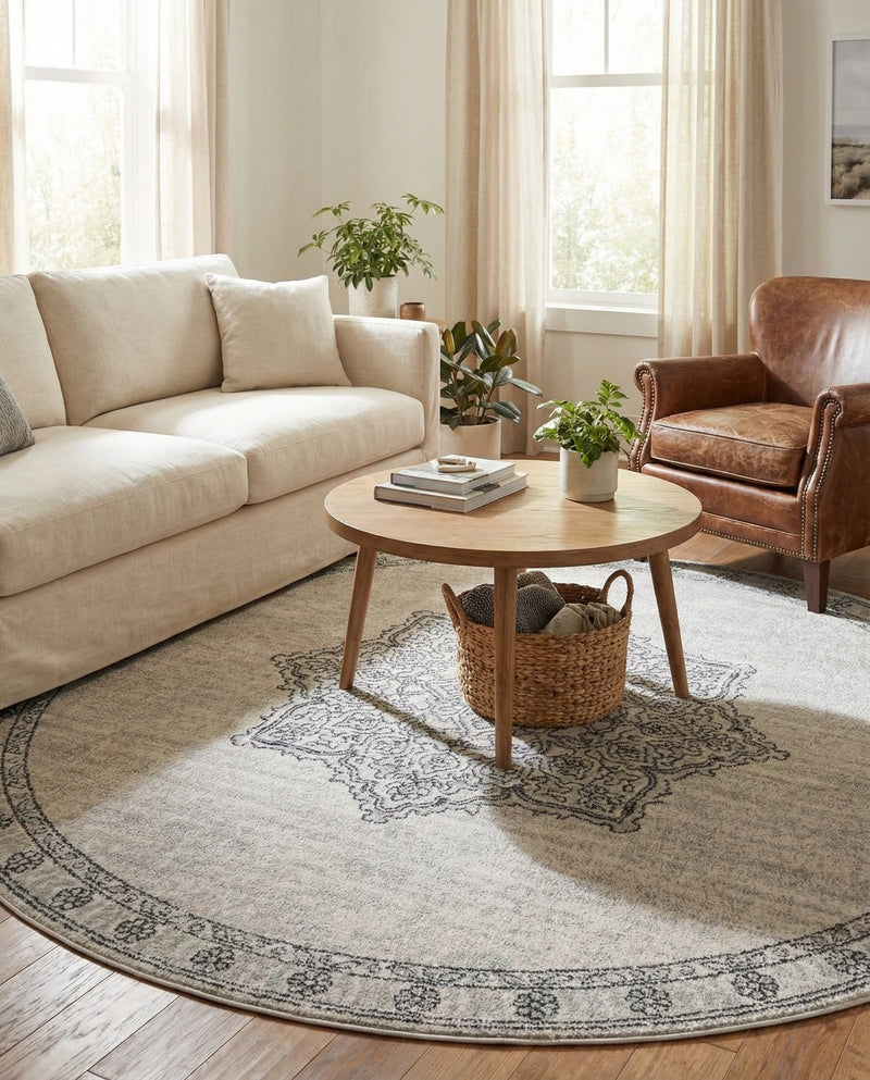 Mykonos Manor Collection Area Rug -  Tinos (Ivory) Round Ivory  lifestyle 60