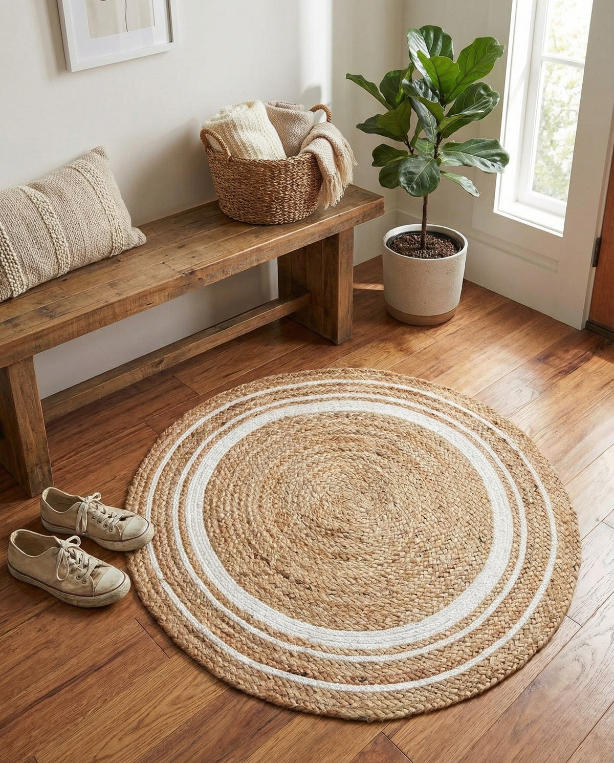 Woven Seaside Jute Collection Area Rug - Nantucket Round Natural and White  lifestyle 71