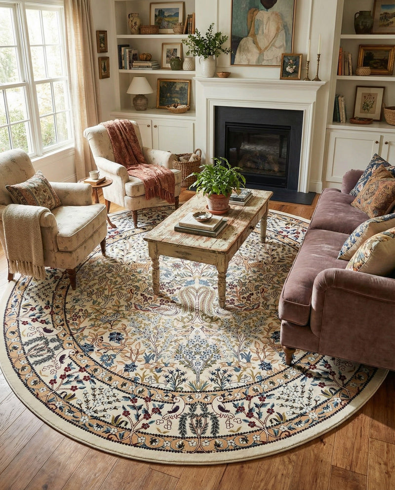 Persian Elegance Collection Area Rug -  Kerman (Ivory) Round Ivory  lifestyle 37
