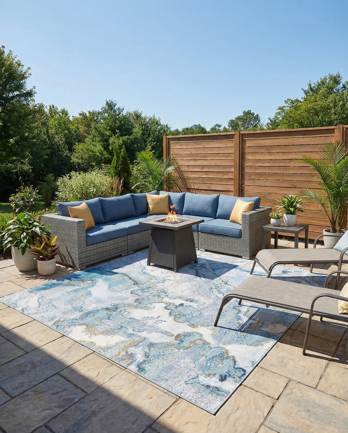 Urban Terrace Collection Area Rug -  Vertex Square Blue and Ivory  lifestyle 100