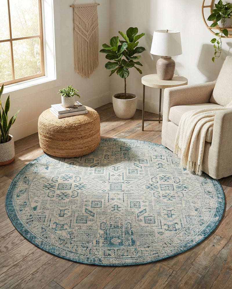 Tribal Terrace Treasures Collection Area Rug - Mayan Marina (Teal) Round Teal  lifestyle 66