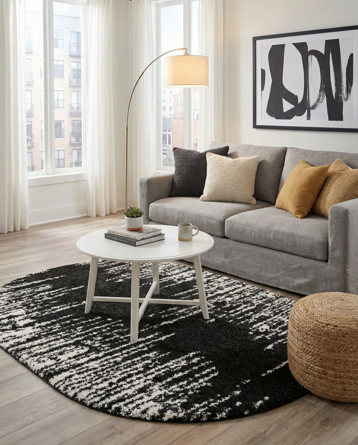 Tranquil Tides Shag Collection Area Rug - Marina Oval Black and White  lifestyle 108