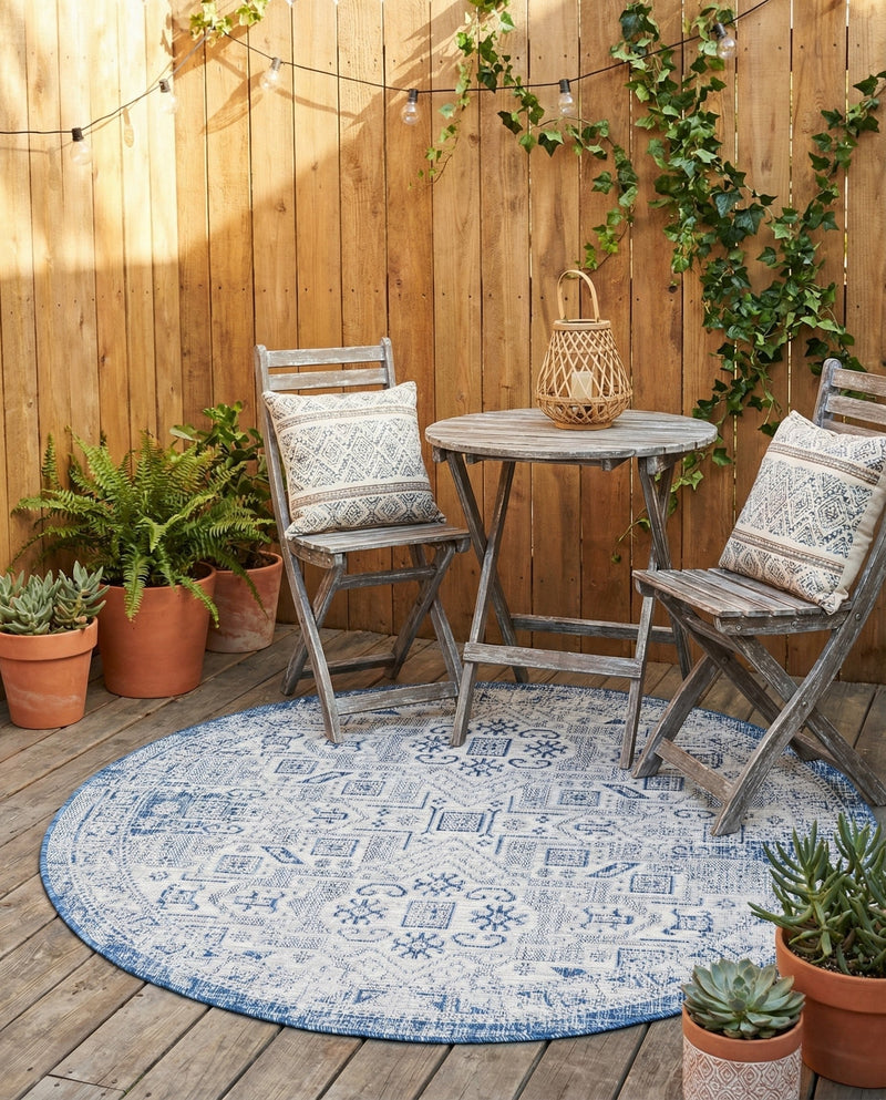 Tribal Terrace Treasures Collection Area Rug - Mayan Marina (Blue) Round Blue  lifestyle 79