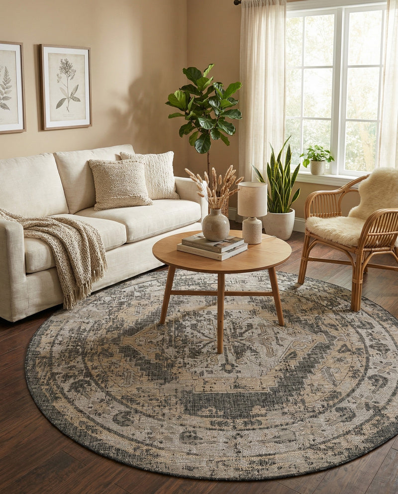 Patio Heritage Collection Area Rug -  Augusta (Charcoal) Round Charcoal  lifestyle 58