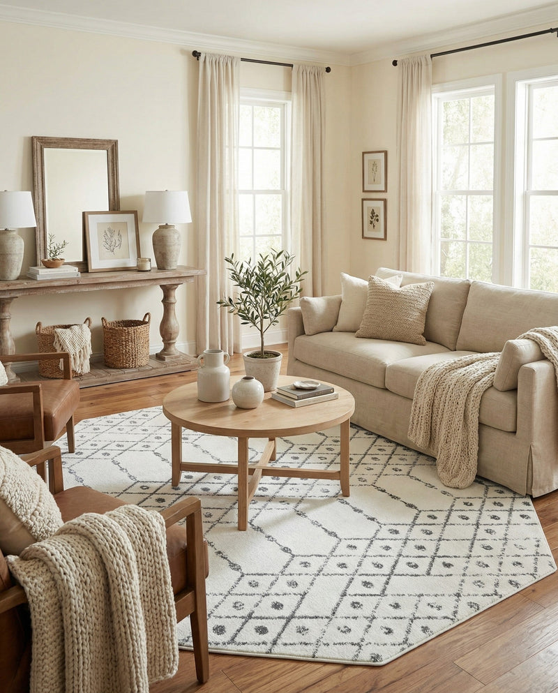 Marrakesh Lattice Collection Area Rug - Casablanca (Ivory Black) Octagon Ivory Black  lifestyle 71