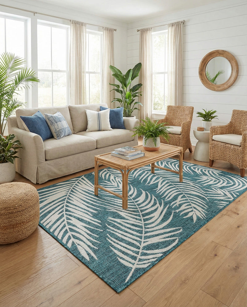 Seaside Blooms Collection Area Rug - Verdure (Teal) Rectangle Teal  lifestyle 27