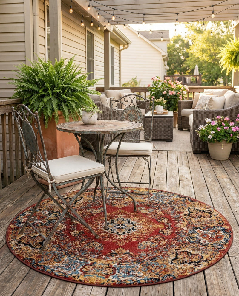Patio Heritage Collection Area Rug -  Terrace Round Antique Red  lifestyle 77