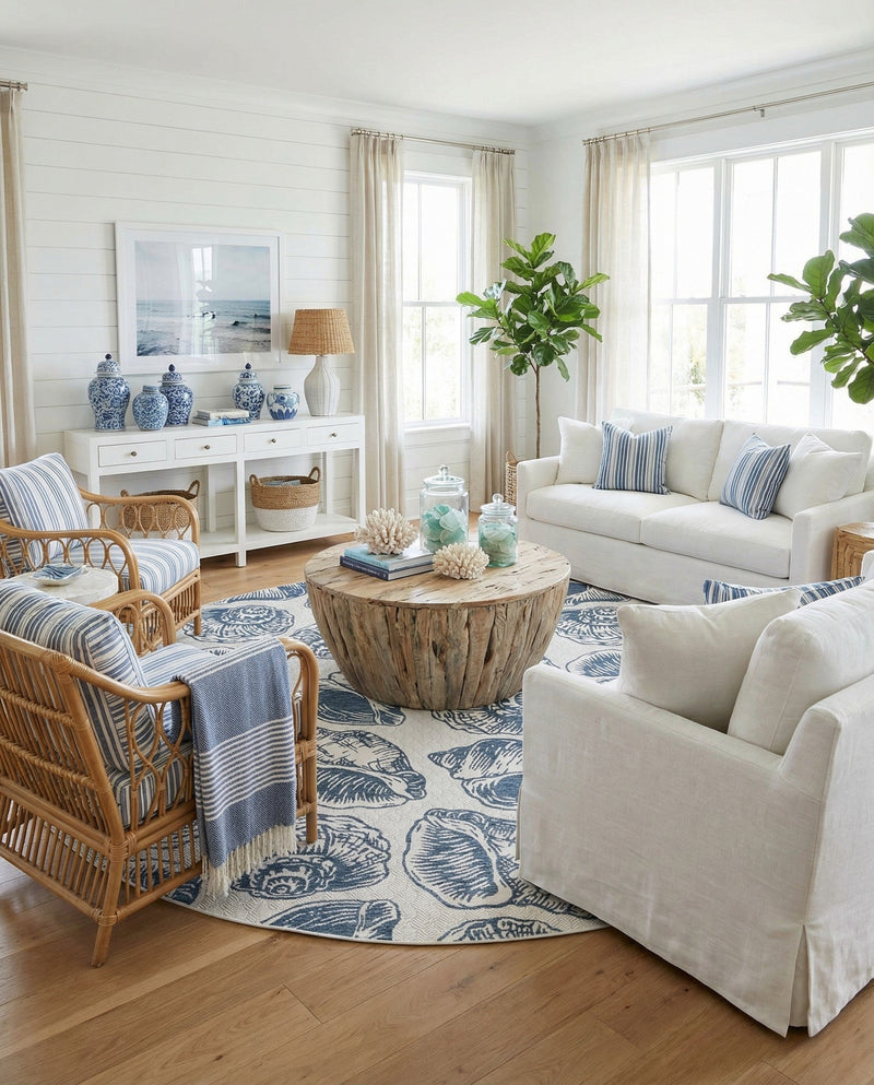 Seaside Haven Rugs Collection Area Rug -  Lighthouse (Ivory and Navy Blue) Round Ivory and Navy Blue  lifestyle 54