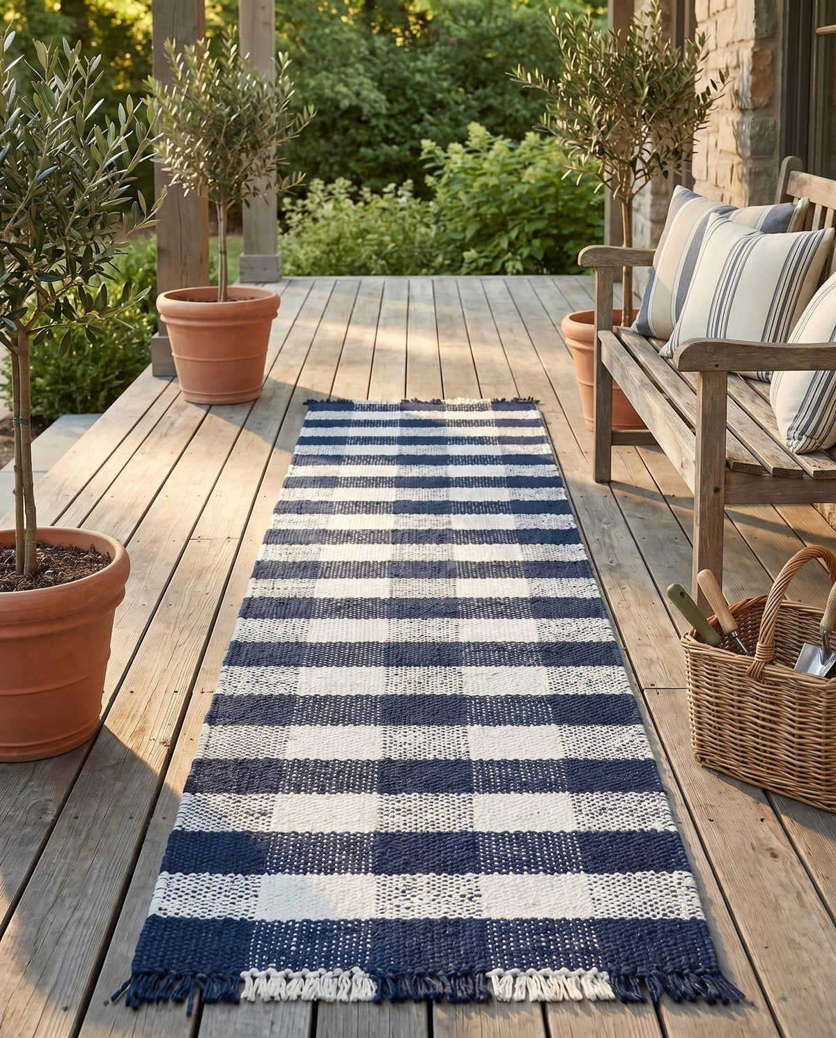 Sustainable Grid Indoor-Outdoor Oasis Collection Area Rug - Savannah Runner Navy Blue  lifestyle 118