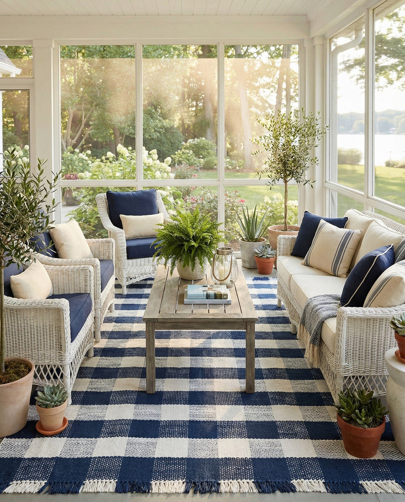 Sustainable Grid Indoor-Outdoor Oasis Collection Area Rug - Savannah Rectangle Navy Blue  lifestyle 43